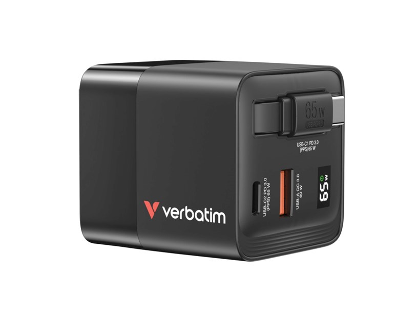 Verbatim GaN zidni punjač 65W, USB-C kabel na izvlačenje + 1×USB-A + 1×USB-C