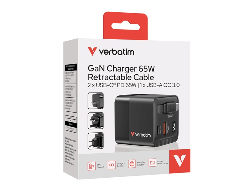 Verbatim GaN zidni punjač 65W, USB-C kabel na izvlačenje + 1×USB-A + 1×USB-C