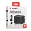 Verbatim GaN zidni punjač 65W, USB-C kabel na izvlačenje + 1×USB-A + 1×USB-C