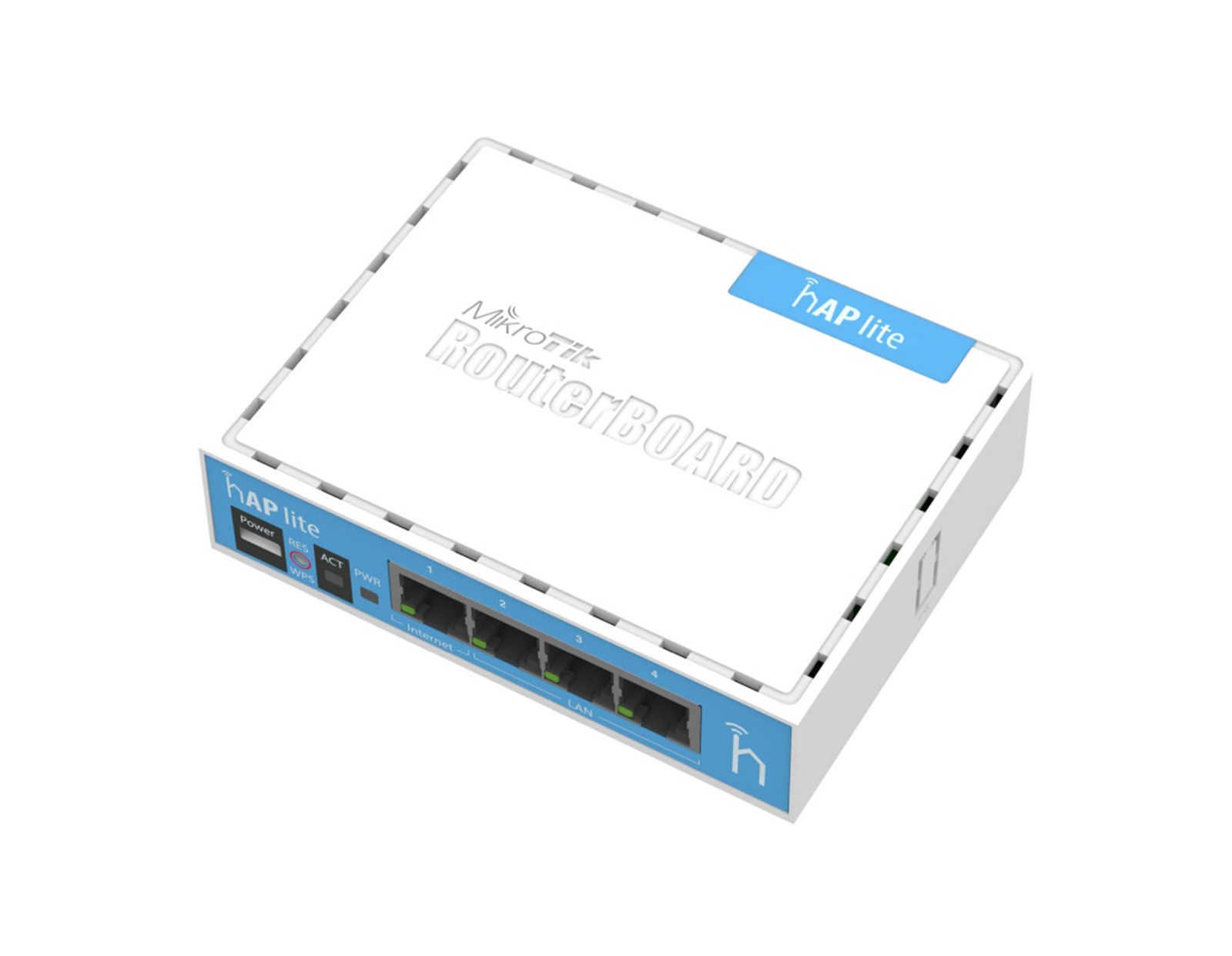Mikrotik RB941-2nD, hAP Lite, 650MHz CPU, 32MB RAM, 4×LAN, 2.4Ghz 802.11b/g/n, integrirana antena, RouterOS L4, klasično kućište, PSU