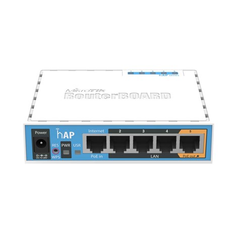 Mikrotik RB951Ui-2nD hAP, 650MHz CPU, 64MB RAM, 5×LAN, 2.4Ghz 802.11b/g/n, integrirana antena, USB, RouterOS L4, plastično kućište, PSU