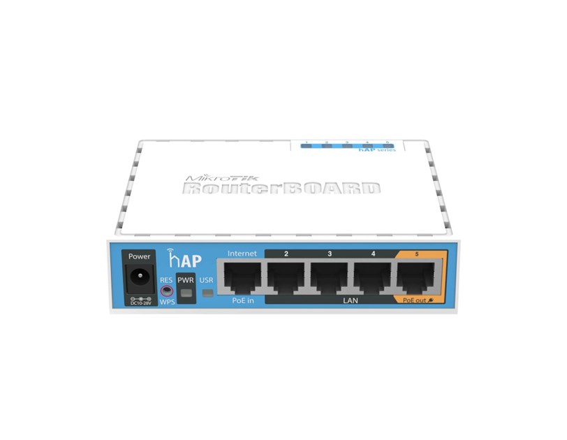 Mikrotik RB951Ui-2nD hAP, 650MHz CPU, 64MB RAM, 5×LAN, 2.4Ghz 802.11b/g/n, integrirana antena, USB, RouterOS L4, plastično kućište, PSU