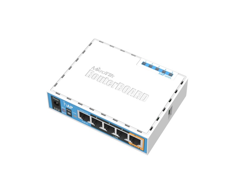 Mikrotik RB951Ui-2nD hAP, 650MHz CPU, 64MB RAM, 5×LAN, 2.4Ghz 802.11b/g/n, integrirana antena, USB, RouterOS L4, plastično kućište, PSU