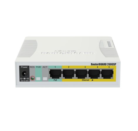 Mikrotik Cloud Smart Switch CSS106-1G-4P-1S (RB260GSP) 5-port Gigabit PoE-out smart preklopnik sa SFP cage, SwOS, plastično kućište, PSU, 53W