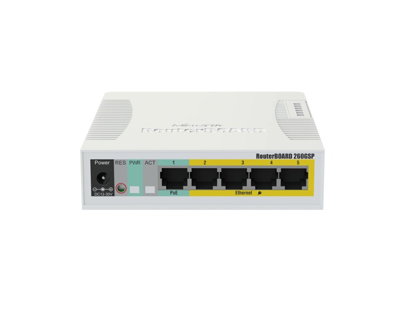 Mikrotik Cloud Smart Switch CSS106-1G-4P-1S (RB260GSP) 5-port Gigabit PoE-out smart preklopnik sa SFP cage, SwOS, plastično kućište, PSU, 53W
