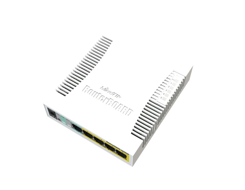 Mikrotik Cloud Smart Switch CSS106-1G-4P-1S (RB260GSP) 5-port Gigabit PoE-out smart preklopnik sa SFP cage, SwOS, plastično kućište, PSU, 53W