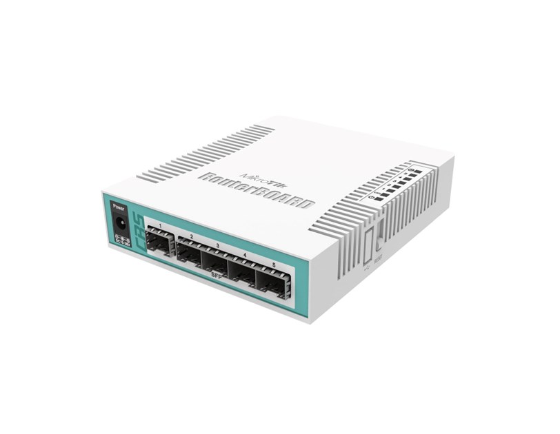 Mikrotik Cloud Router Switch CRS106-1C-5S, QCA8511 400MHz CPU, 128MB RAM, 1×Combo port (Gigabit Ethernet or SFP), 5×SFP cages, RouterOS L5, desktop kućište, PSU