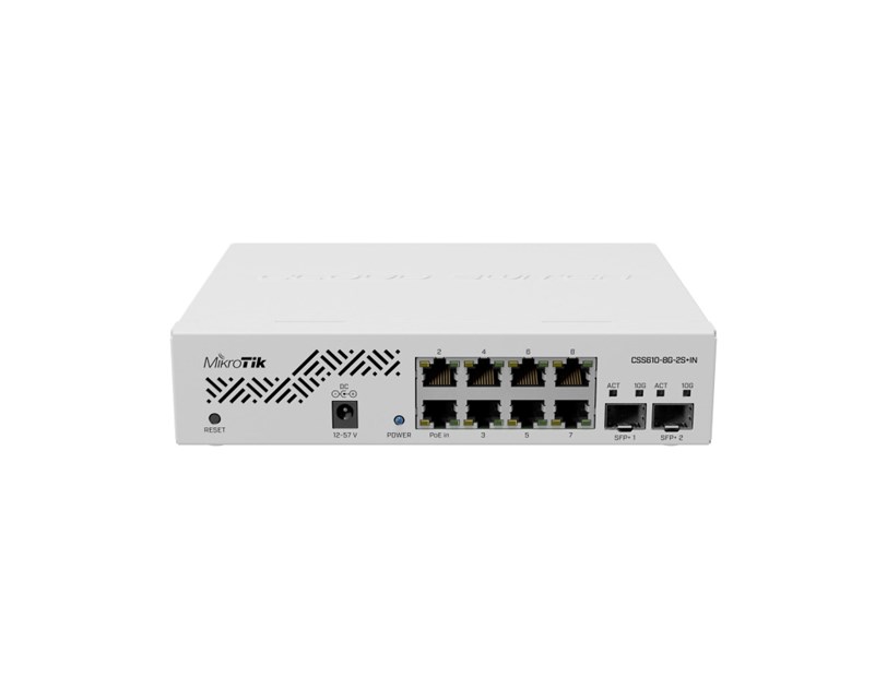 Mikrotik Cloud Smart Switch CSS610-8G-2S+IN, 8×G-LAN, 2×SFP+ cages, SwOS, desktop kućište, PSU