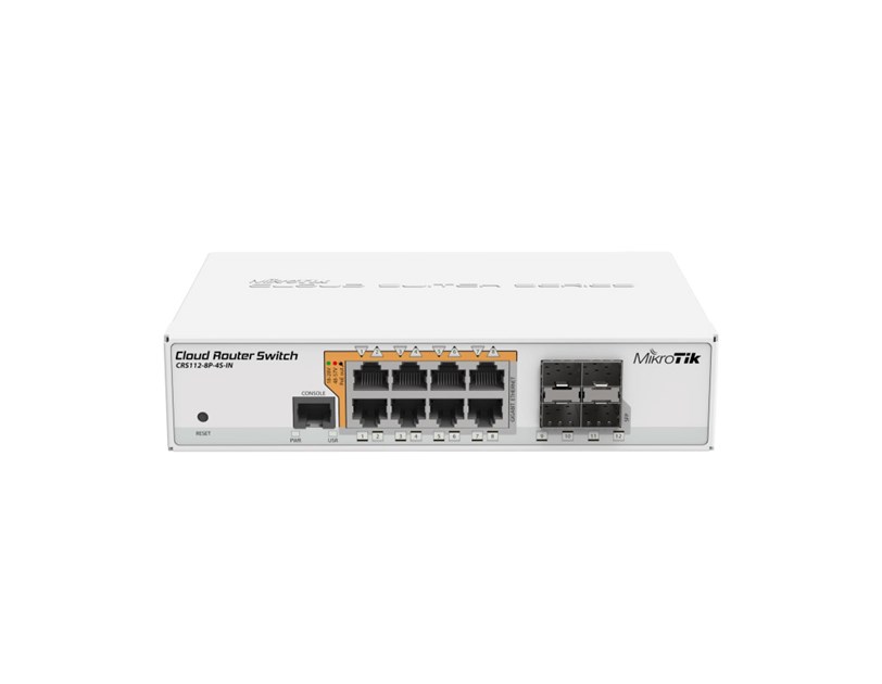 Mikrotik Cloud Router Switch CRS112-8P-4S-IN, QCA8511 400Mhz CPU, 128MB RAM, 8×G-LAN PoE-out, 4×SFP, RouterOS L5, desktop kućište, rack mount, PSU