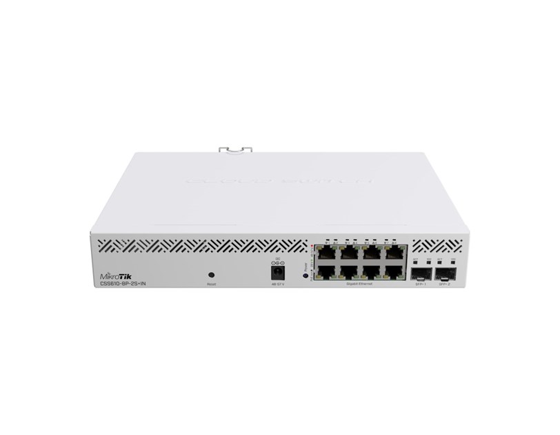 Mikrotik Cloud Smart Switch CSS610-8P-2S+IN, 8×G-LAN PoE-out, 802.3af/at, 2×SFP+ 10G, SwOS, desktop kučište, PSU