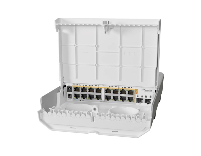 Mikrotik Cloud Router Switch CRS318-16P-2S+OUT, netPower 16P, 800MHz CPU, 256MB RAM, 16×G-LAN PoE-out, 2×SFP+, RouterOS L5/SwitchOS, vanjsko kućište, bez napjanja