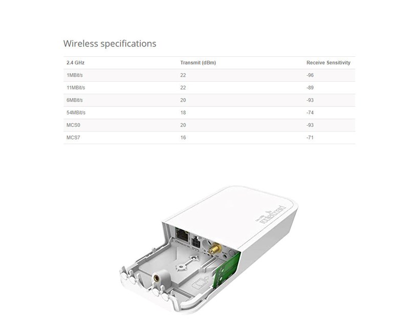 Mikrotik wAP LoRa8 kit, 863-870 MHz, 650MHz CPU, 64MB RAM, 1×LAN, 2.4Ghz 802.11b/g/n Dual Chain, R11e-LoRa8 card, LoRa internal antena, RouterOS L4, vanjsko kućište, PSU, PoE injector