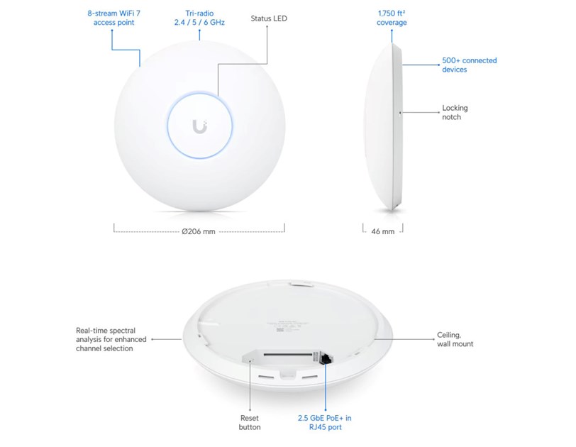 Ubiquiti UniFi U7-Pro-Max Wifi 7 PoE+ stropna pristupna točka 1x2.5 GbE RJ45 port, 25W