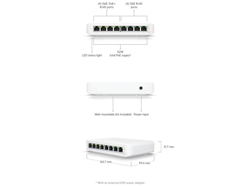 Ubiquiti UniFi Managed 8-port Gigabit Switch (4-port PoE+) 52W (USW-LITE-8-PoE)