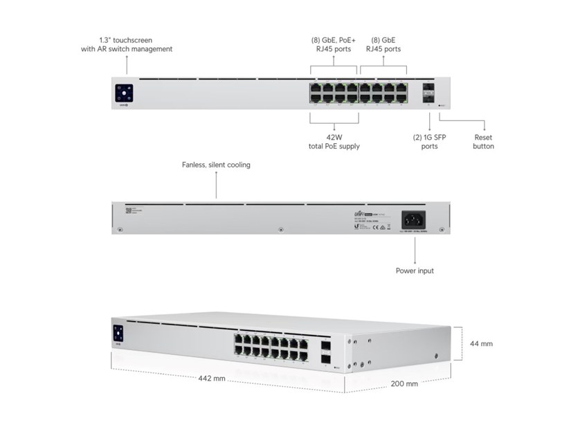 Ubiquiti UniFi Managed 16-port Gigabit Switch (8-port PoE+), 2× SFP, Rackmount (USW-16-PoE-Gen2)