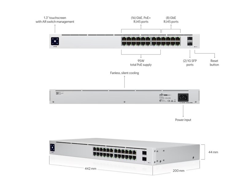 Ubiquiti UniFi Managed 24-port Gigabit Switch, 16-port PoE+, 2×SFP, Rackmount, 95W (USW-24-PoE Gen2)
