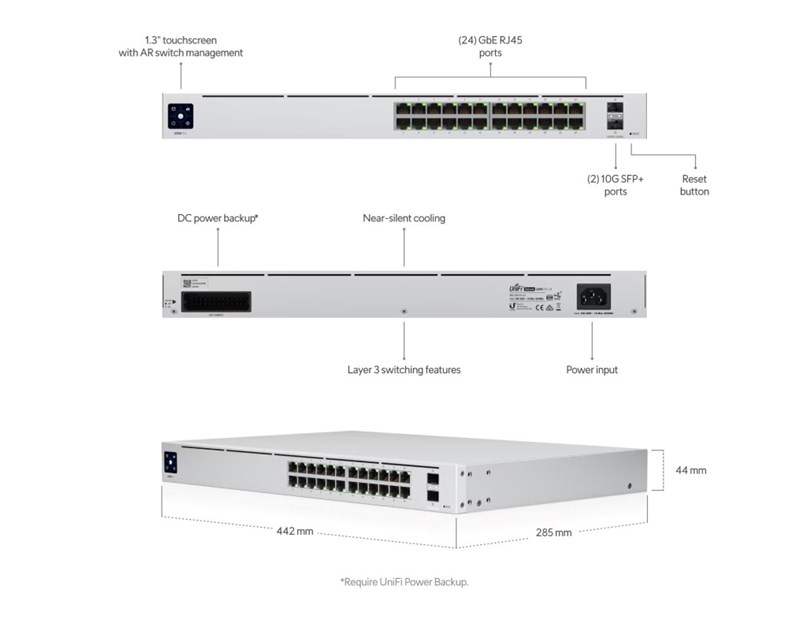Ubiquiti UniFi Managed 24-port Gigabit Switch, 2×10G SFP+, Rackmount, (USW-PRO-24)