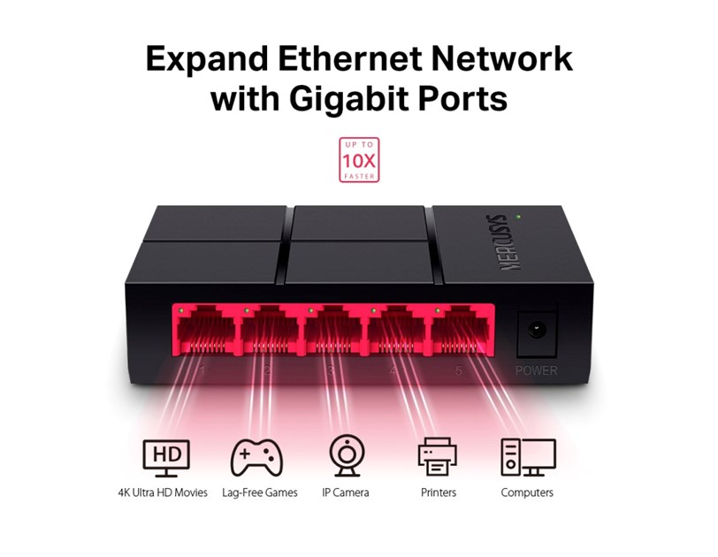 Mercusys 5-port Gigabit mini Desktop preklopnik (Switch), 5×10/100/1000M RJ45 ports, plastično kućište