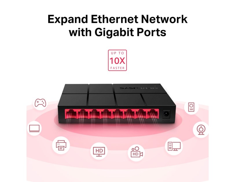 Mercusys 8-port Gigabit mini Desktop preklopnik (Switch), 8×10/100/1000M RJ45 ports, plastično kućište
