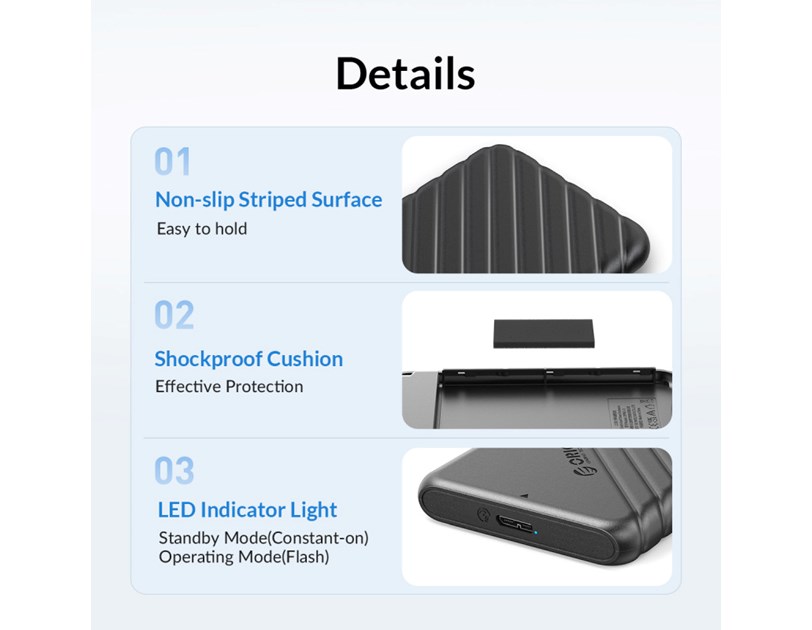 Orico vanjsko kućište 2.5" SATA HDD/SSD, 7 do 9.5mm, tool free, USB3.0 Micro-B, crni (ORICO-25PW1-U3-BK-BP-HW)