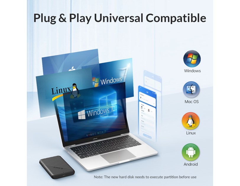 Orico vanjsko kućište 2.5" SATA HDD/SSD, 7 do 9.5mm, tool free, USB3.1 Gen1 Type-C, crni (ORICO-25PW1-C3-BK-BP)