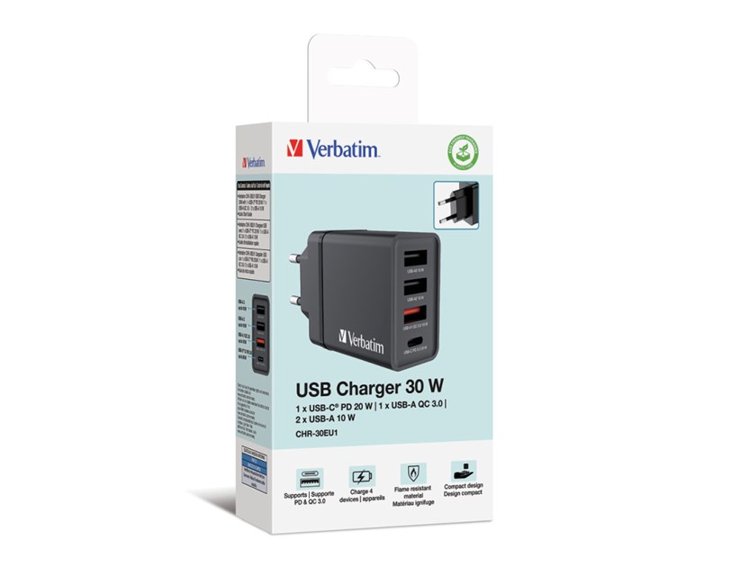 Verbatim zidni punjač 30W, 3×USB-A/1×USB-C