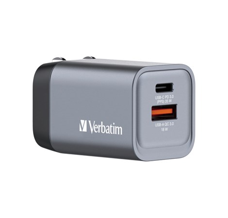 Verbatim GNC-35 GaN zidni punjač 35W, 1×USB-C PD 35W / 1×USB-A QC3.0 