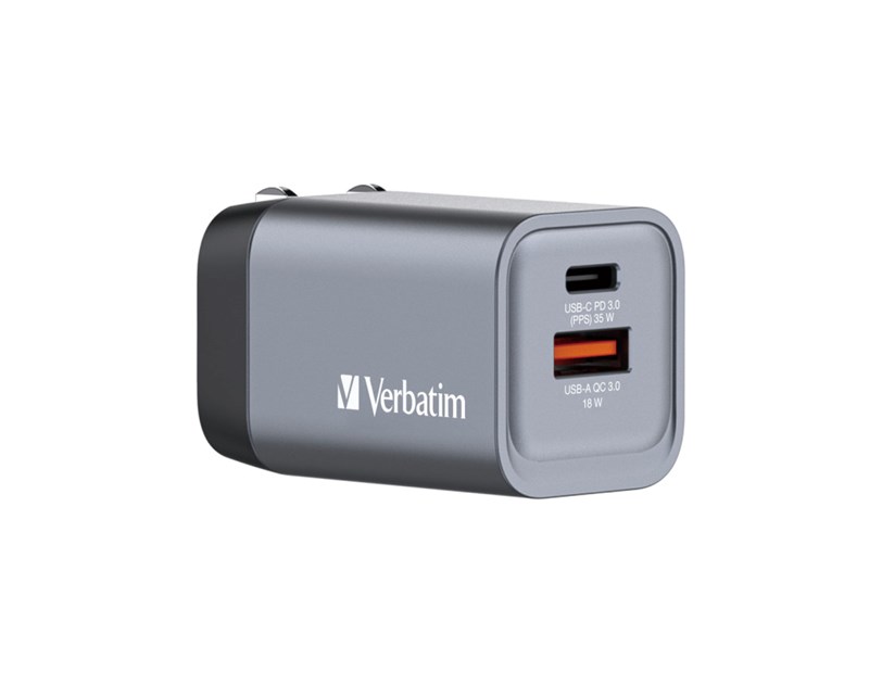 Verbatim GNC-35 GaN zidni punjač 35W, 1×USB-C PD 35W / 1×USB-A QC3.0 