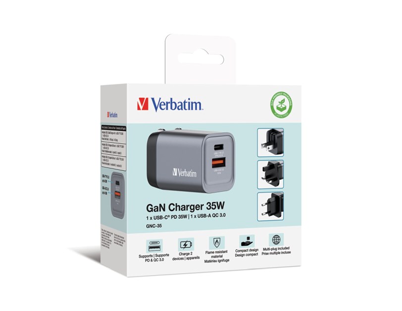 Verbatim GNC-35 GaN zidni punjač 35W, 1×USB-C PD 35W / 1×USB-A QC3.0 