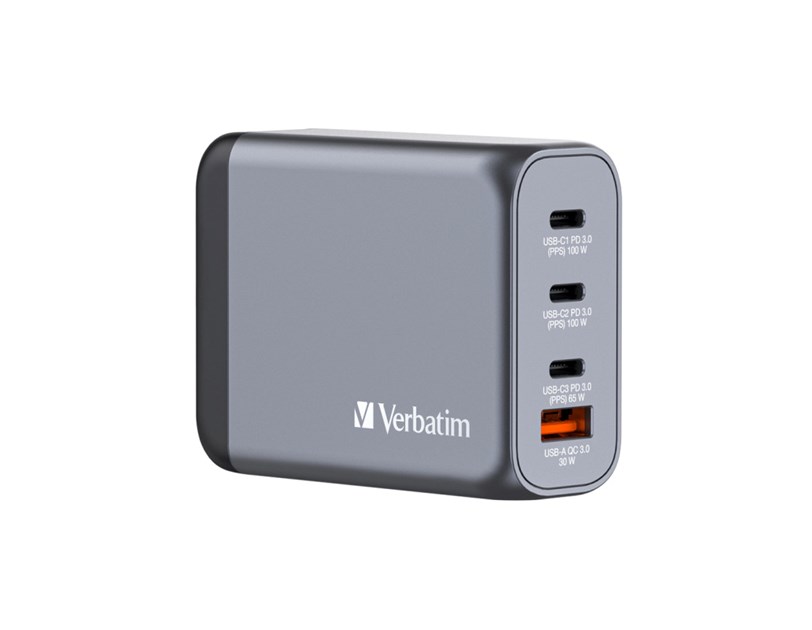 Verbatim GNC-100 GaN zidni punjač 100W, 2×USB-C PD 100W / 1×USB-C PD 65W / 1× USB-A QC3.0