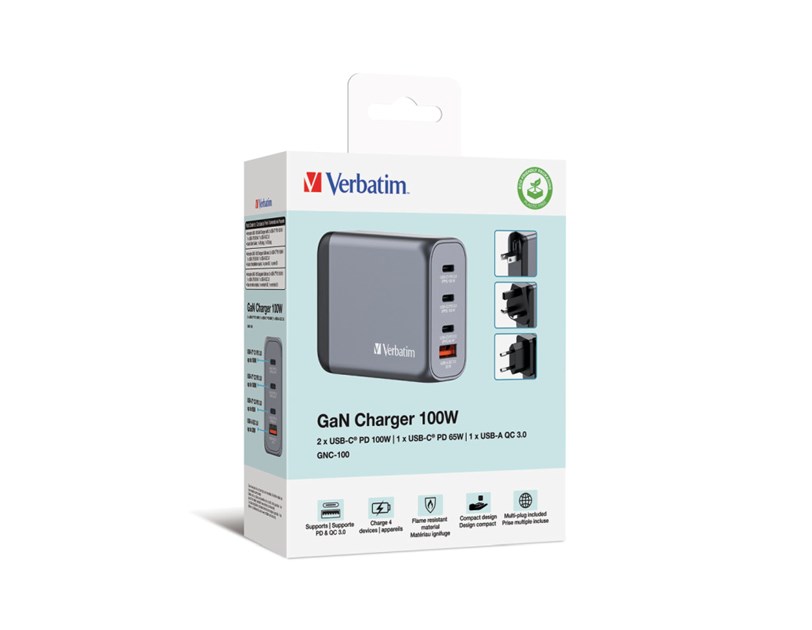 Verbatim GNC-100 GaN zidni punjač 100W, 2×USB-C PD 100W / 1×USB-C PD 65W / 1× USB-A QC3.0