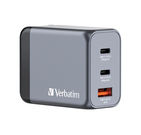 Verbatim GNC-65 GaN zidni punjač 65W, 2×USB-C PD 65W / 1×USB-A QC3.0