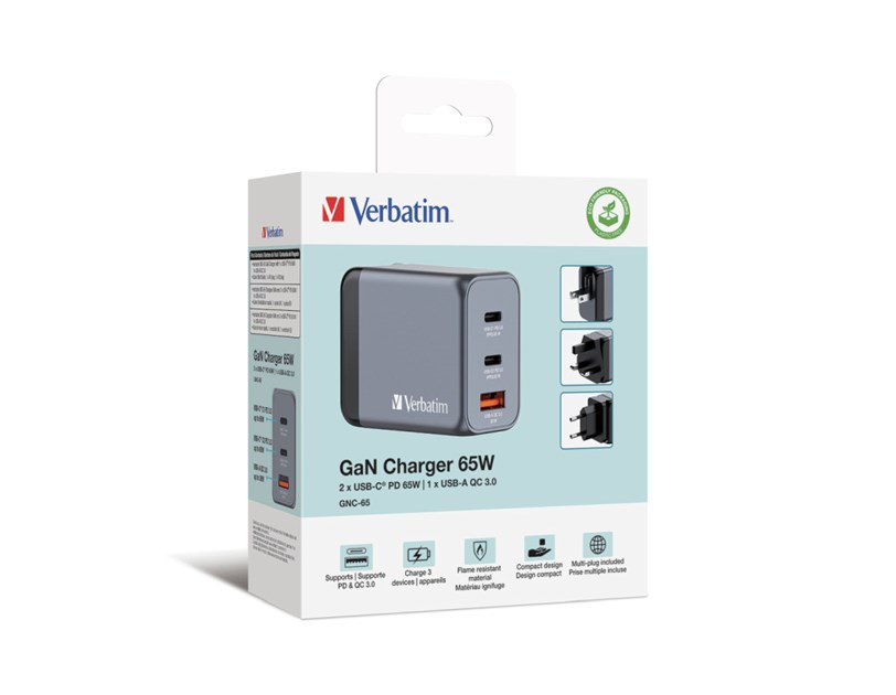 Verbatim GNC-65 GaN zidni punjač 65W, 2×USB-C PD 65W / 1×USB-A QC3.0