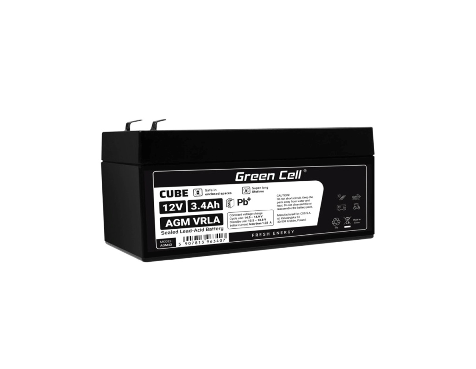 Green Cell (AGM43) baterija AGM 12V/3.4Ah