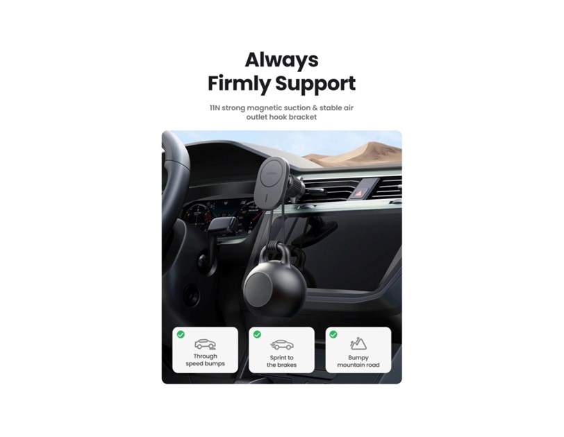UGREEN MagSafe auto punjač 15W, USB-C, magnetni, bežični/indukcijski, crni