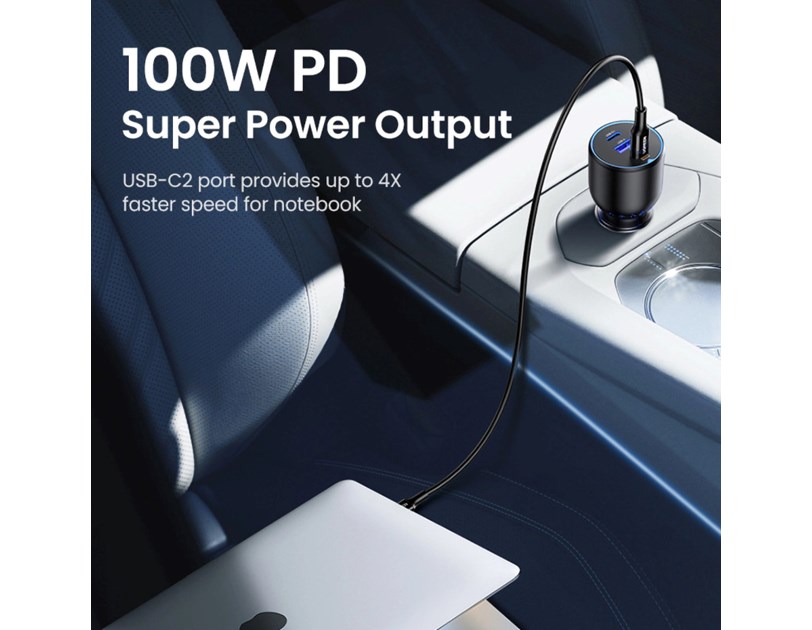 UGREEN auto punjač, 130W, 2x USB-C, USB-A, PD, QC 4.0, sivi