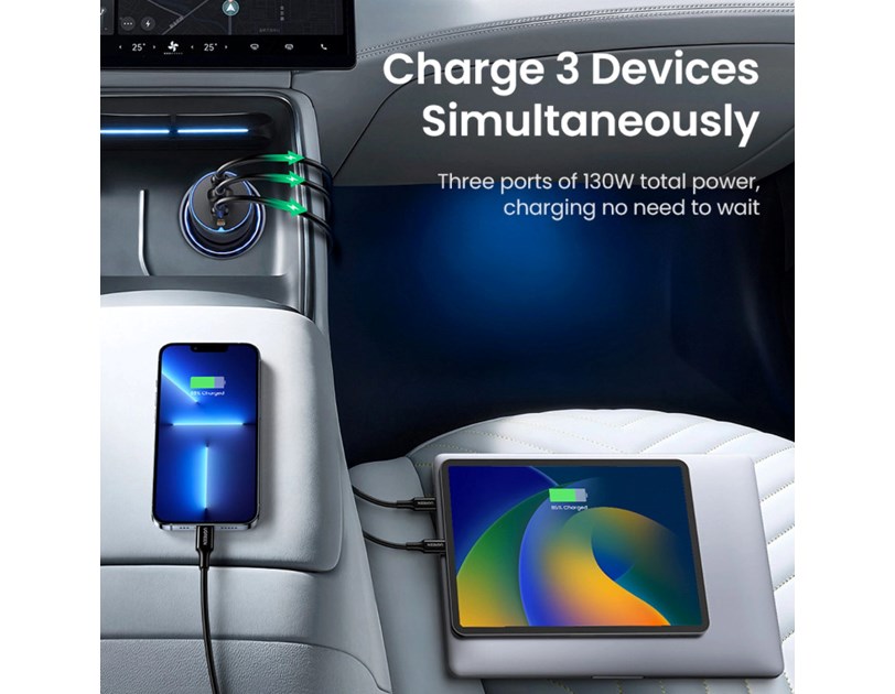 UGREEN auto punjač, 130W, 2x USB-C, USB-A, PD, QC 4.0, sivi