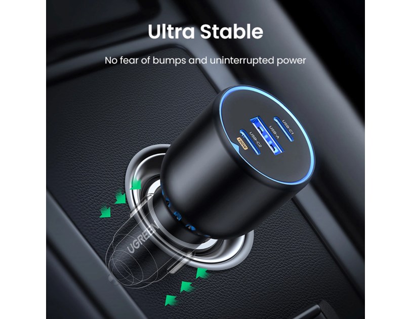UGREEN auto punjač, 130W, 2x USB-C, USB-A, PD, QC 4.0, sivi