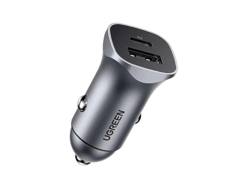 UGREEN auto punjač 30W, USB-C+USB-A, PD3.0/QC3.0, sivi