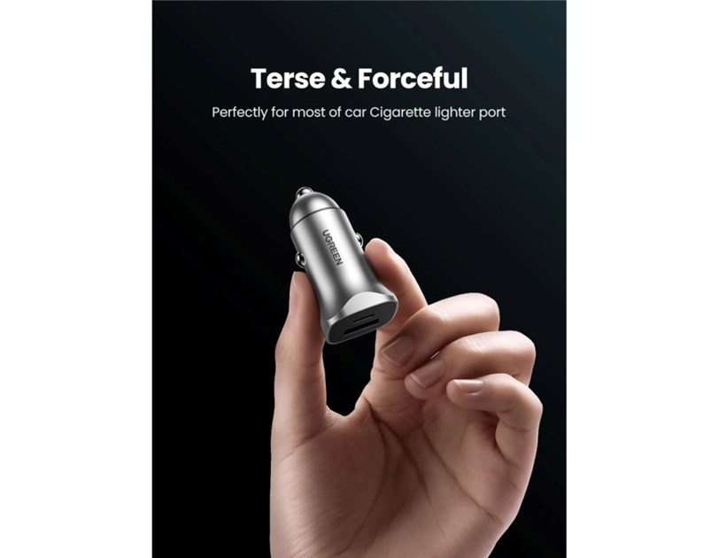 UGREEN auto punjač 30W, USB-C+USB-A, PD3.0/QC3.0, sivi