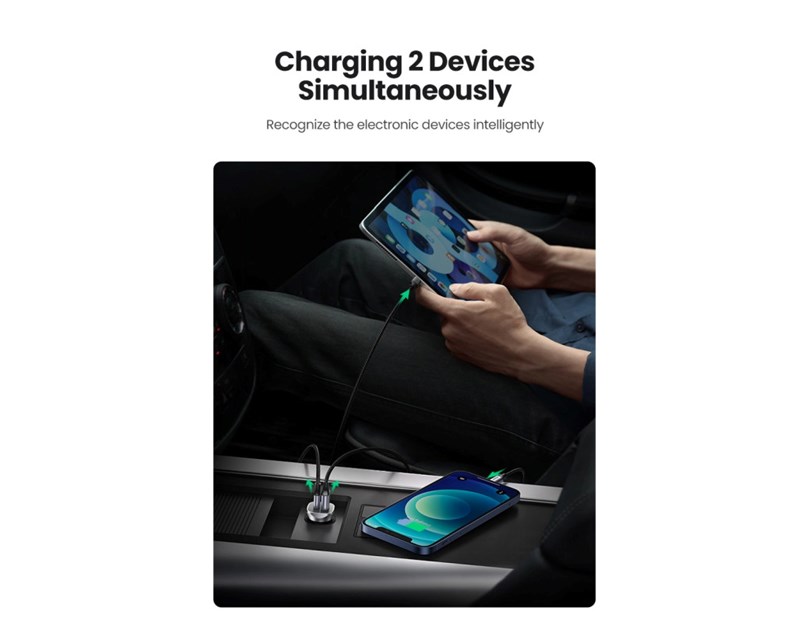 UGREEN auto punjač 30W, USB-C+USB-A, PD3.0/QC3.0, sivi