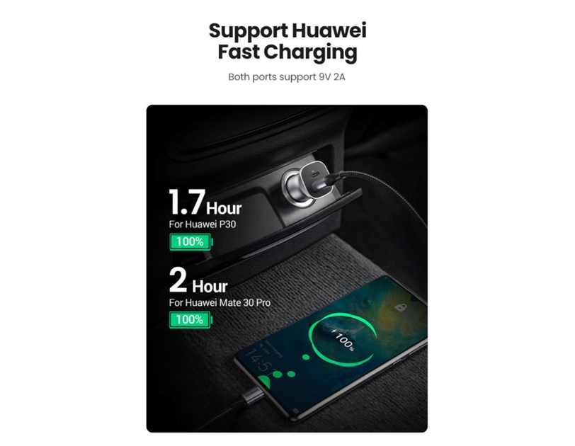 UGREEN auto punjač 30W, USB-C+USB-A, PD3.0/QC3.0, sivi