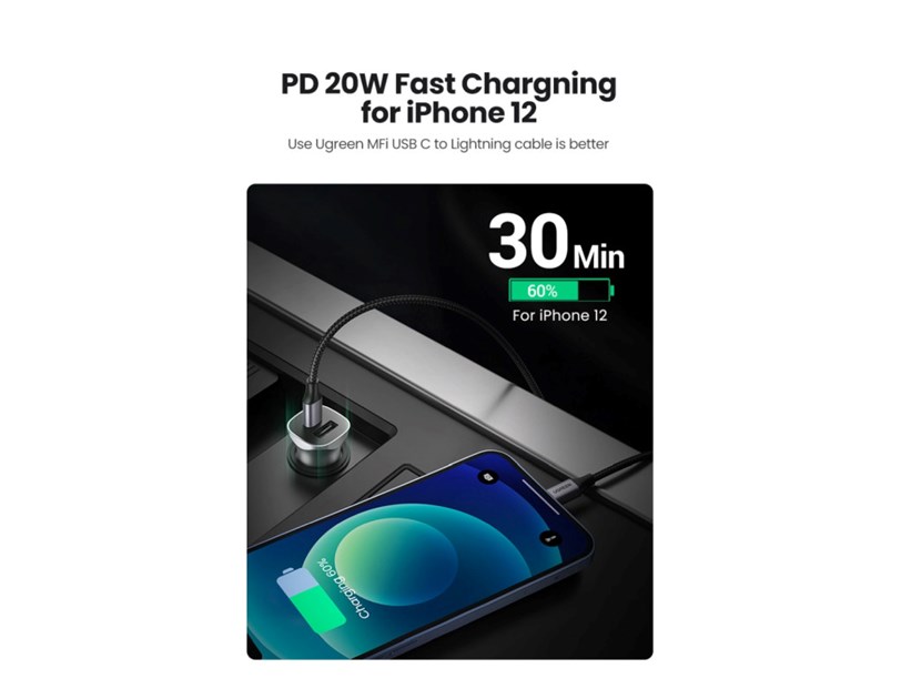 UGREEN auto punjač 30W, USB-C+USB-A, PD3.0/QC3.0, sivi