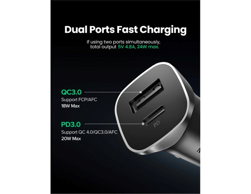 UGREEN auto punjač 30W, USB-C+USB-A, PD3.0/QC3.0, sivi