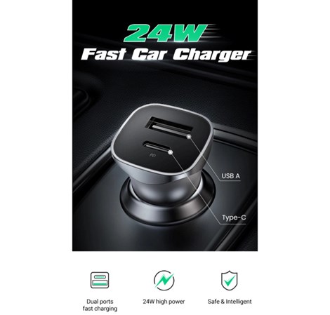UGREEN auto punjač 30W, USB-C+USB-A, PD3.0/QC3.0, sivi