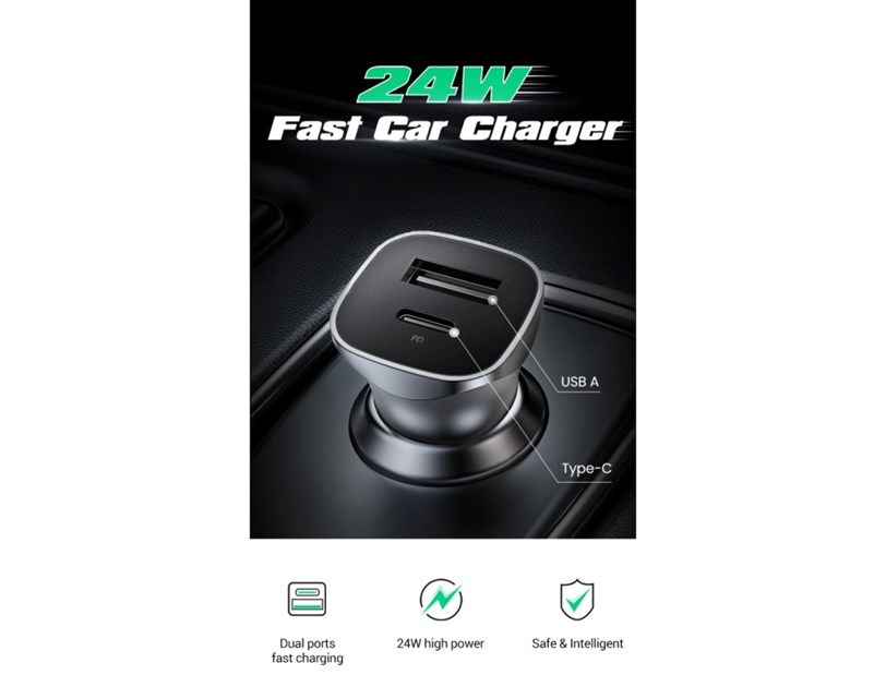 UGREEN auto punjač 30W, USB-C+USB-A, PD3.0/QC3.0, sivi