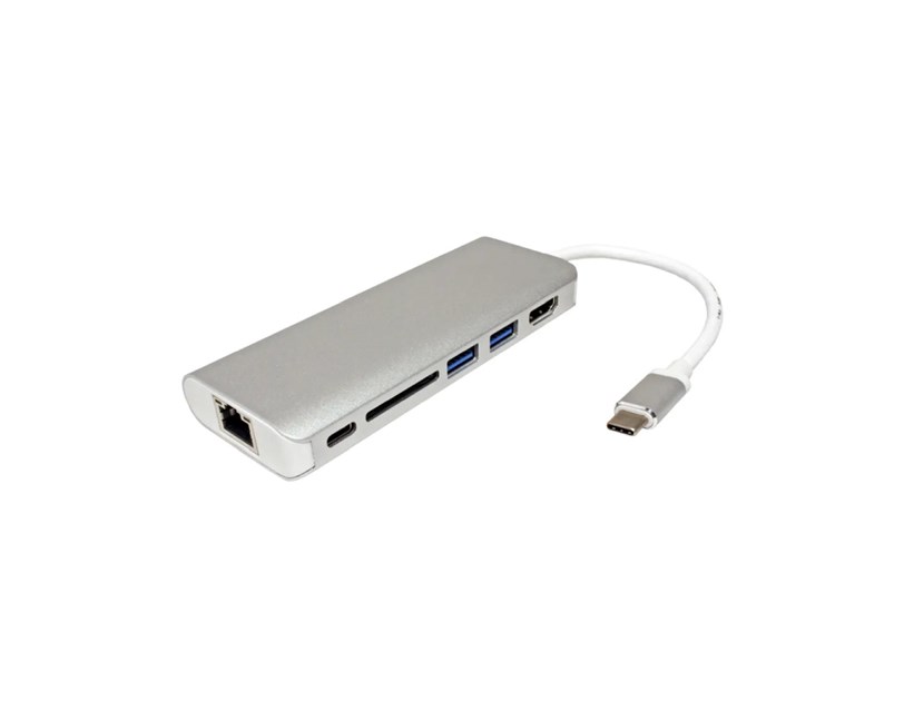Roline USB-C docking station, 4K HDMI, 2×USB 3.0/3.2 Gen 1, 1×SD/TF čitač kartica, 1×USB-C power, 1×G-LAN