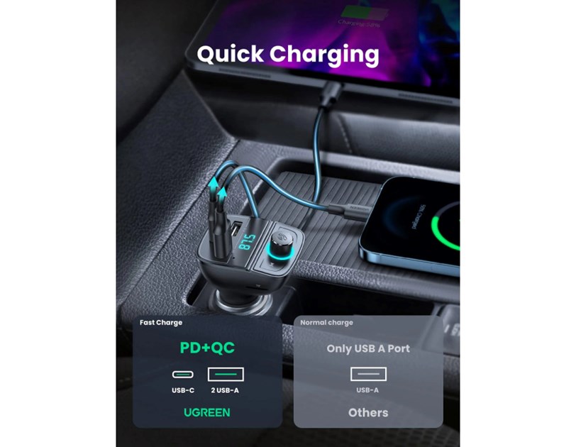 UGREEN FM transmiter za auto LED zaslon, Bluetooth, TF kartica 128 GB, USB-C, 2x USB, Quick charge 3.0, crni