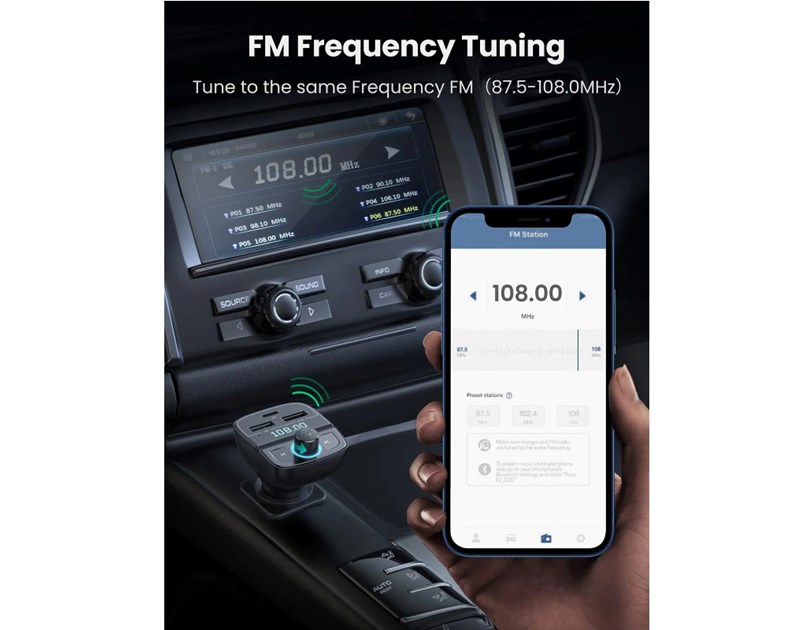 UGREEN FM transmiter za auto LED zaslon, Bluetooth, TF kartica 128 GB, USB-C, 2x USB, Quick charge 3.0, crni