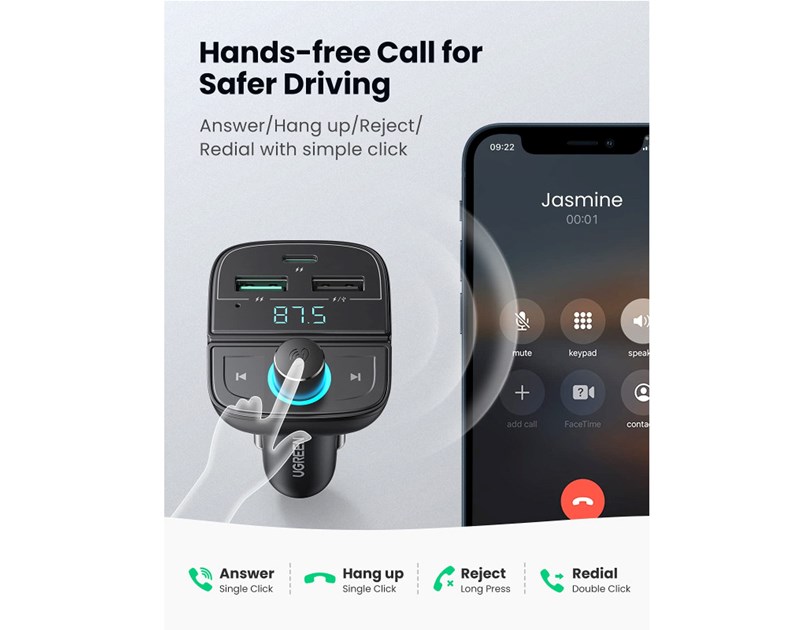 UGREEN FM transmiter za auto LED zaslon, Bluetooth, TF kartica 128 GB, USB-C, 2x USB, Quick charge 3.0, crni